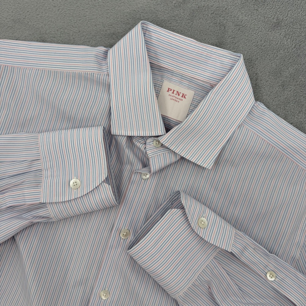 Thomas Pink Shirt London Tailored Fit Pinstripe‎ Button Down Men Size 16 41